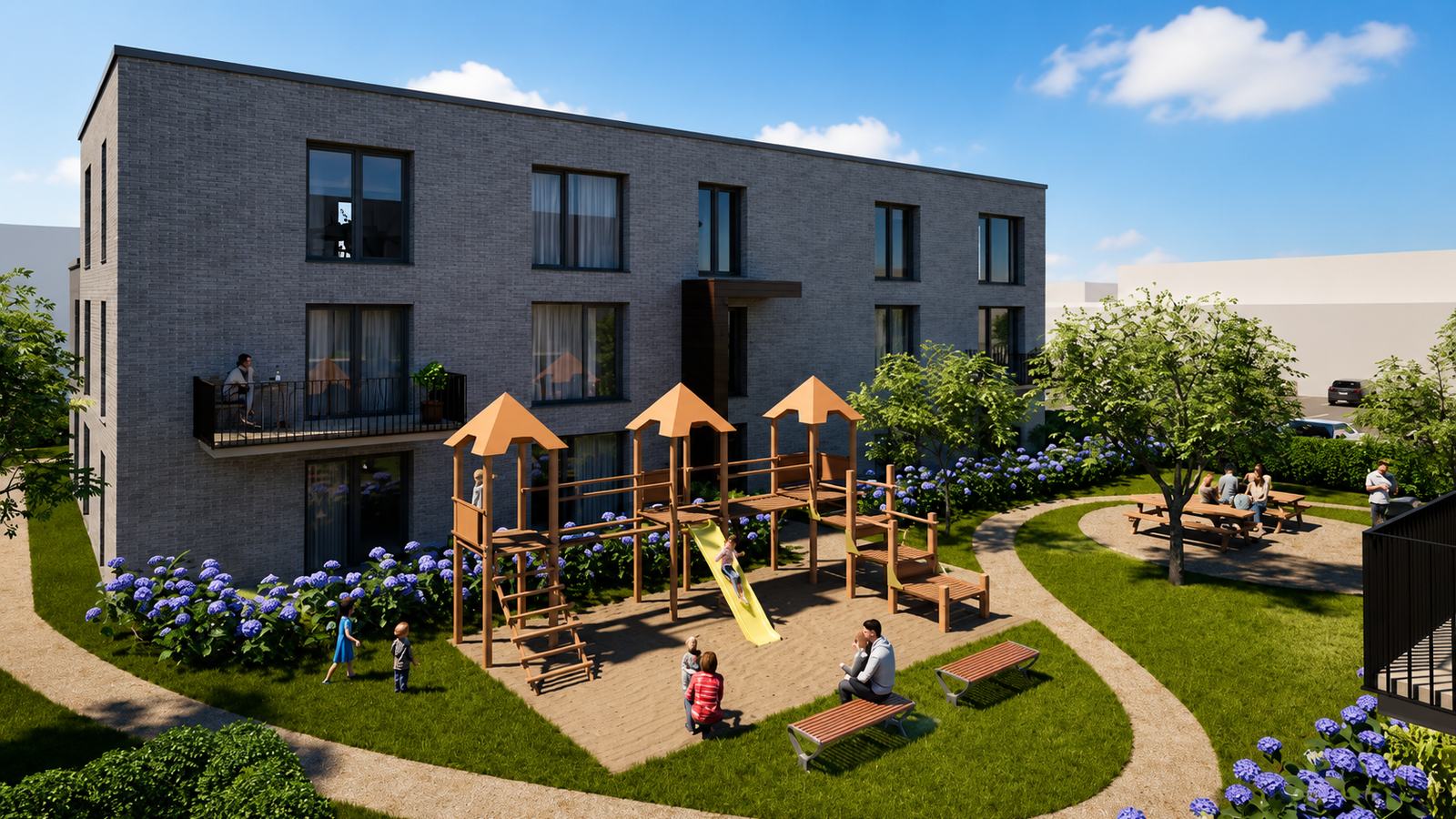 Garten mit Spielplatz zwischen den Häusern